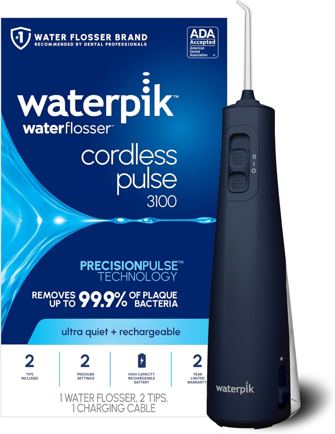 Waterpik Cordless Pulse 3100 Portable Water Flosser, Rechargeable, White