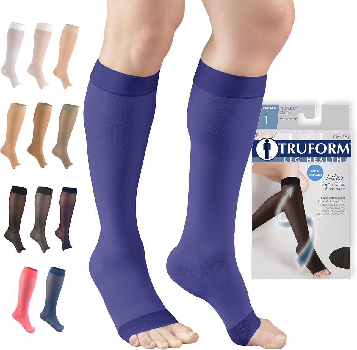 Truform Sheer Compression Stockings, 15-20 mmHg, Women's Knee High Length, Open Toe, 20 Denier, Medium