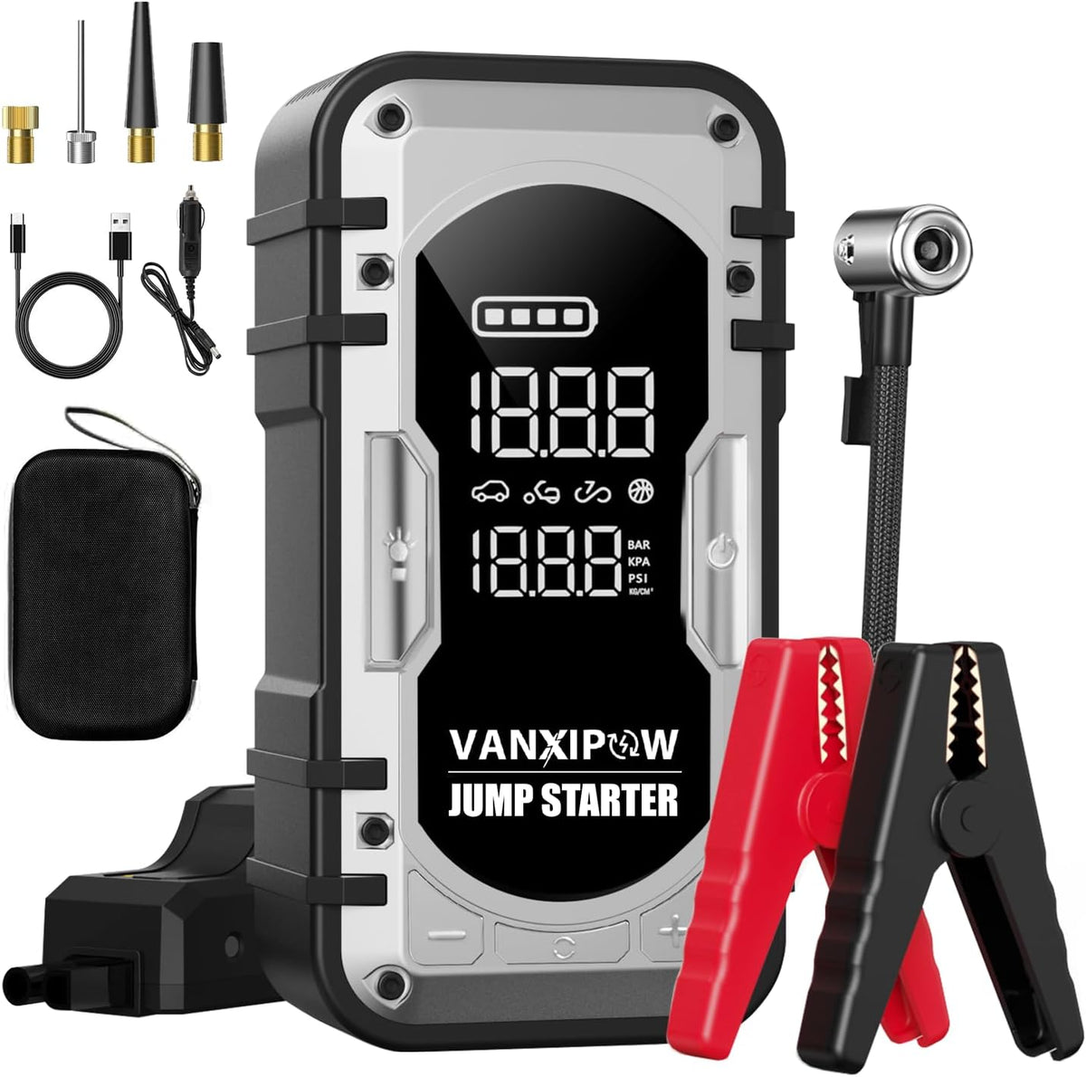 8000A Portable Car Battery Jump Starter with Air Compressor, 150PSI (9.0 L Gas/8.0L Diesel), 12V Jump Box Car Battery with 600 Lm LED Light, with Large LED Display, Power Bank