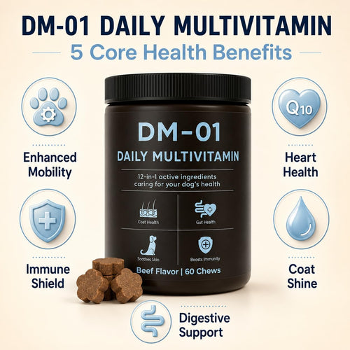 DM-01 Daily Multivitamin, Multivitamin Itch Relief Chews for Dog, Beef | 12-in-1 daily multivitamin chews with Salmon Oil, Probiotics, Glucosamine & Essential Vitamins for everyday dog wellness.