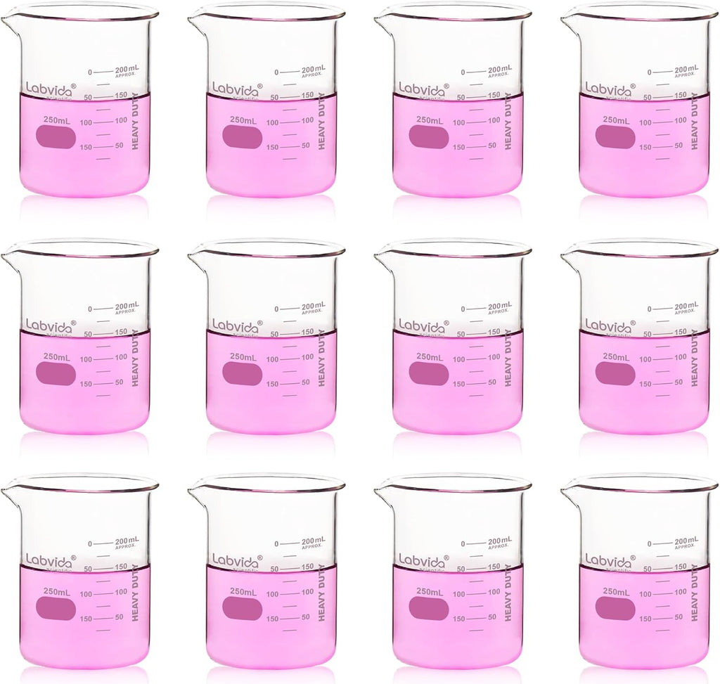 Upgrated 6 Size Low Form Glass Beaker Set, 25ml 50ml 100ml 250ml 500ml 1000ml, 3.3 Boro Glass beakers with Printed Graduation, LVA019