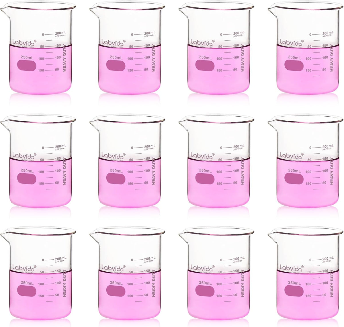 Upgrated 6 Size Low Form Glass Beaker Set, 25ml 50ml 100ml 250ml 500ml 1000ml, 3.3 Boro Glass beakers with Printed Graduation, LVA019