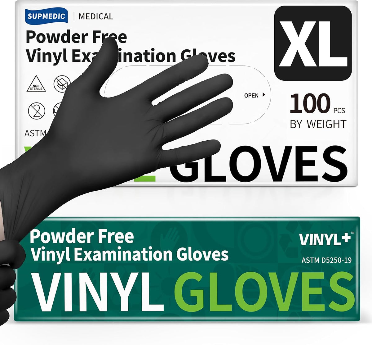 Supmedic Vinyl Disposable Exam Gloves, Black 4Mil Powder-Free Latex-Free Medical Food Safe Cooking Cleaning Glove 100 &1000Ct