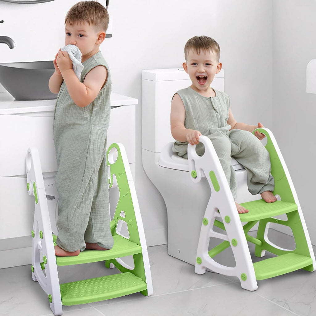 Primlect Potty Training Toilet, 2-in-1 Stable Potty Seat with Step Stool | Adjustable Seat and Step Height, Extra Wide Step, Anti-Slip Pad, Splash Guard, for Boys and Girls, Grey