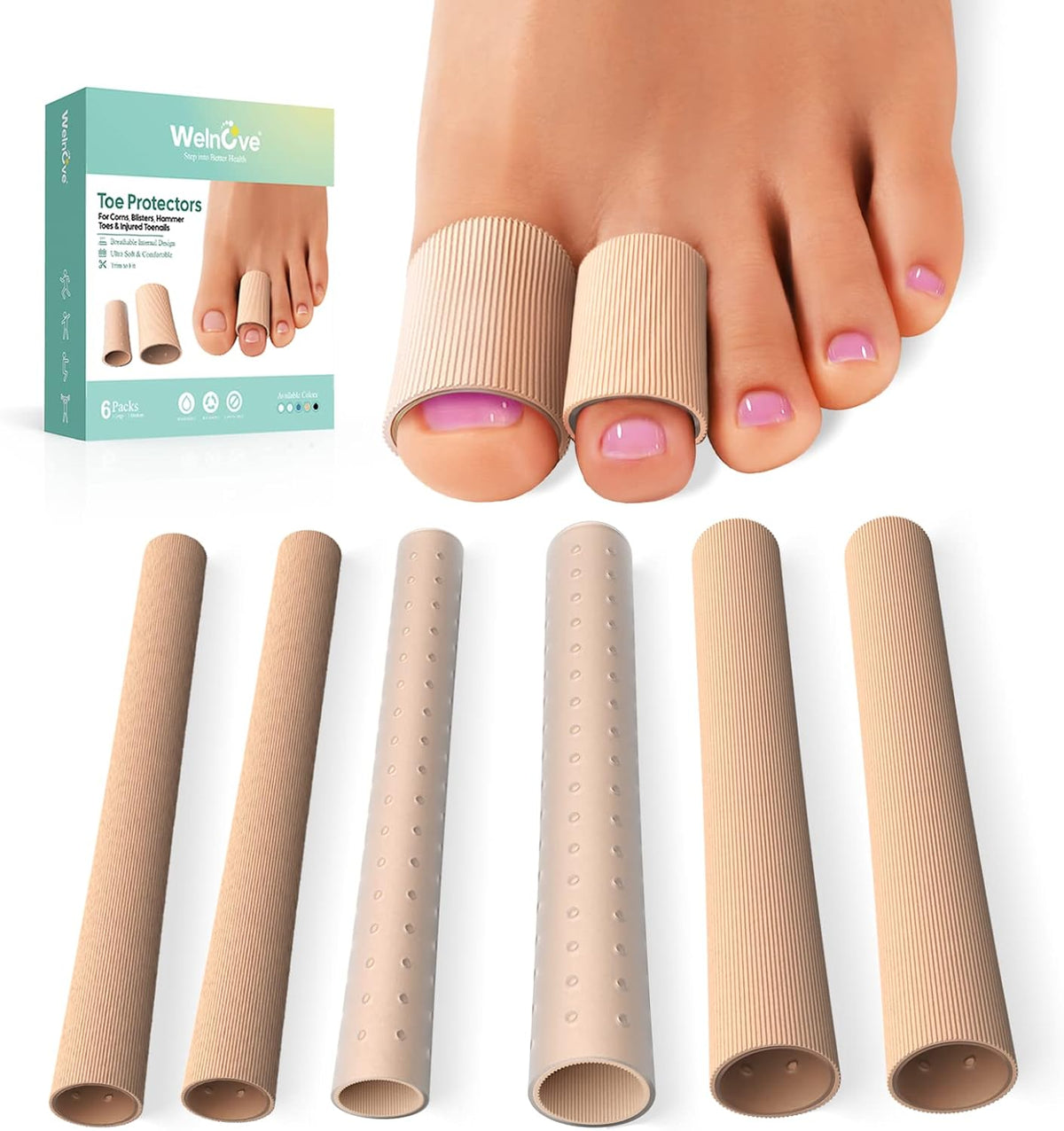 Welnove 10Pack Toe Caps Closed Toe Surface Fabric Sleeve Protectors with Gel Lining, Prevent Pain Relief for Corns, Blisters and Ingrown Toenails (Size Large + Size Medium)