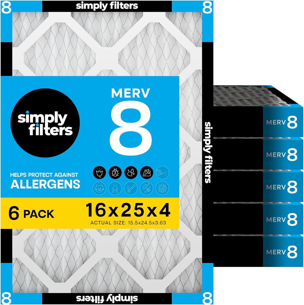 Simply 20x20x1 Air Filter, Merv 8, MPR 600, 6 Pack, Furnace Air Filter for HVAC (Actual Size: 19.75"x19.75"x0.75") DUST, Pet, & Allergy Control