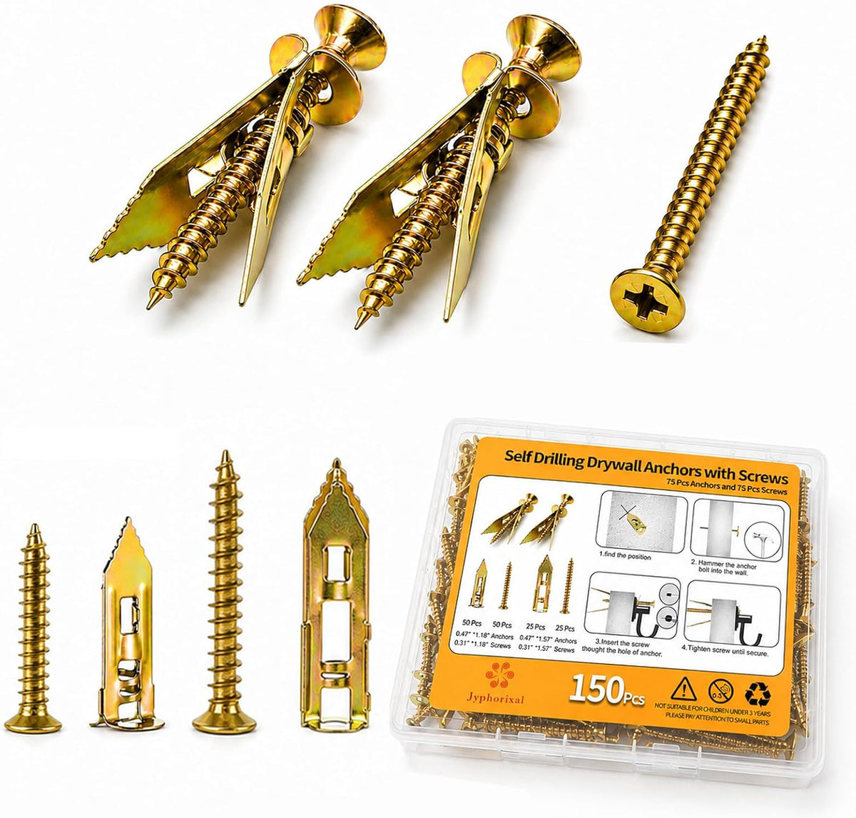Jyphorixal 160 PCS Self Drilling Drywall Anchors with Screws Kit, Heavy Duty Metal Wall Anchors for Drywall, Sheetrock Anchors 0.47x1.18inch with Screws, No Drill Dry Wall Anchors and Screws Kit