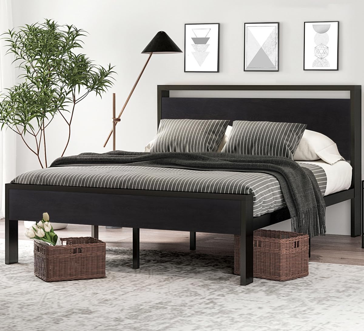 SHA CERLIN Full Size Bed Frame, Wooden Headboard and Footboard, Black Oak
