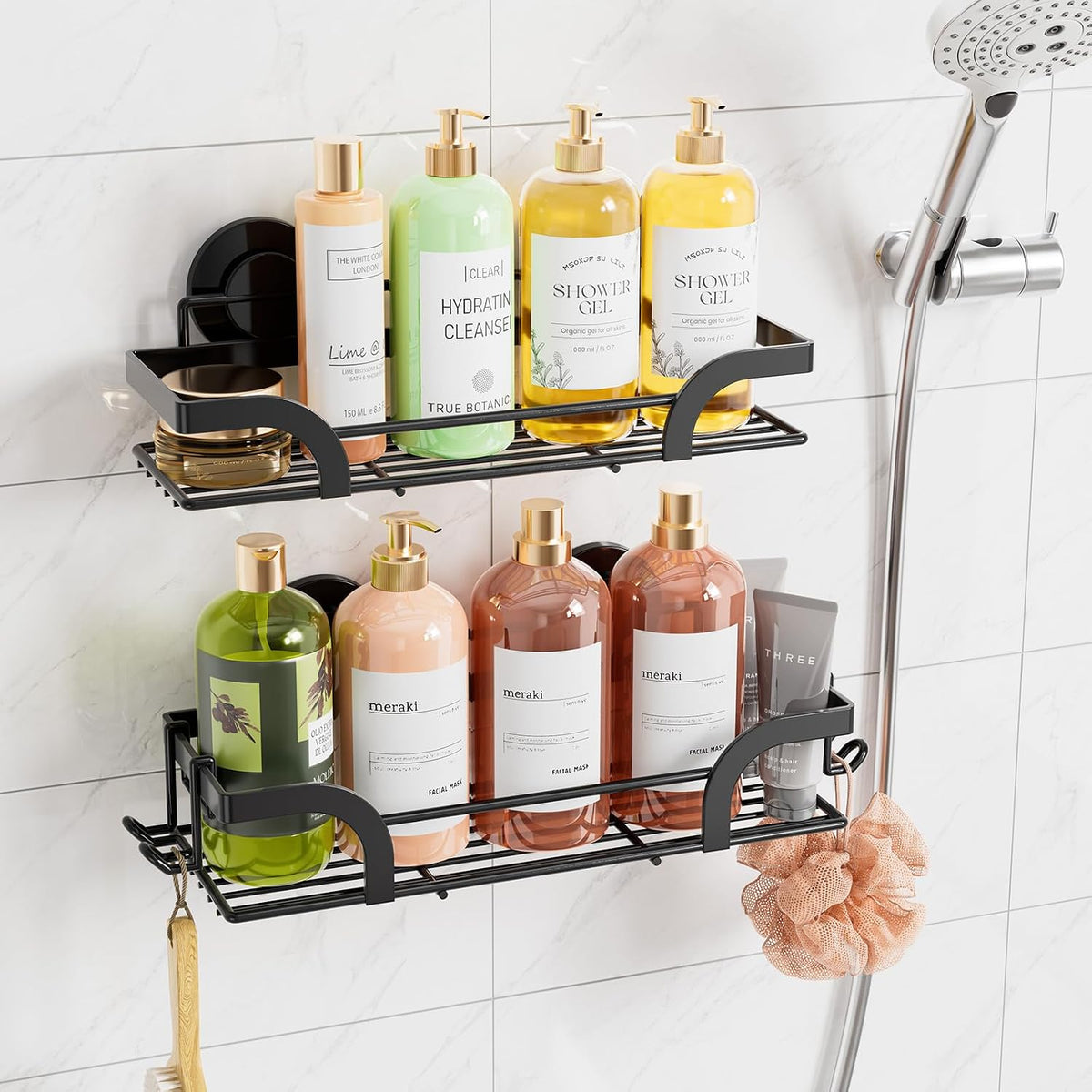 TAILI Shower Caddy Suction Cup 2 Pack with Hooks & Soap holder, Black
