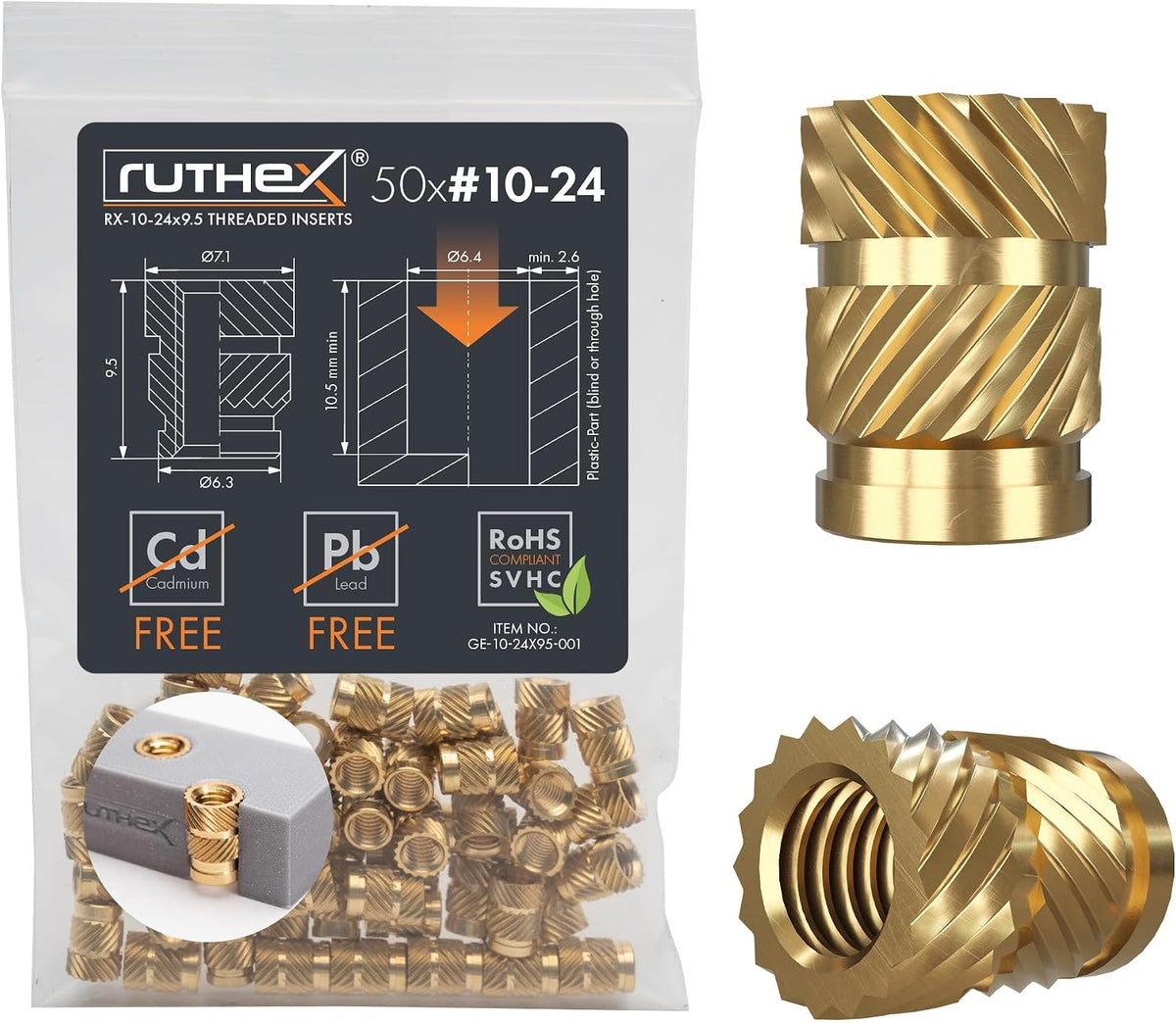 ruthex M3 Threaded Inserts - 100 Pieces RX-M3x5.7 Brass Heat Set Insert for Plastic Parts - Metric knurled Nuts - Insert by Heat into 3D Printing Components