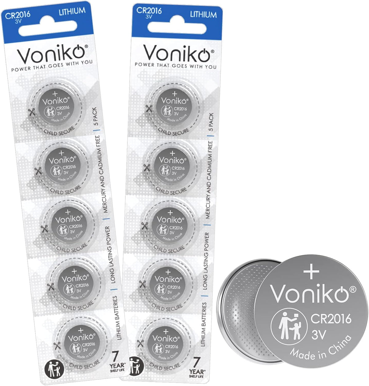 Voniko CR2016 3V Lithium Batteries 5 Pack for Child Safety, Compatible with Remotes, Key Fobs, Glucose Monitors - 7 Years Shelf Life