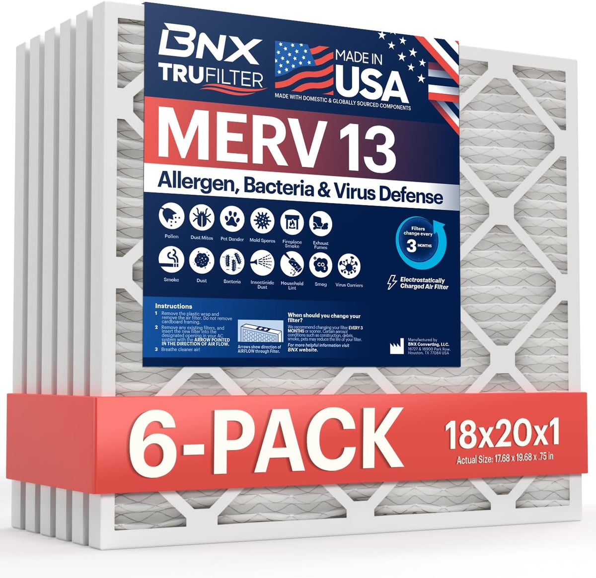 BNX TruFilter 20x20x1 Air Filter MERV 13 AC Filter, HVAC Furnace Filter, 6 Pack (ACTUAL SIZE 19.69"x19.69"x0.75") Allergies, Dust, Pet Dander & Smoke - MADE IN USA - MPR1500 / FPR 10