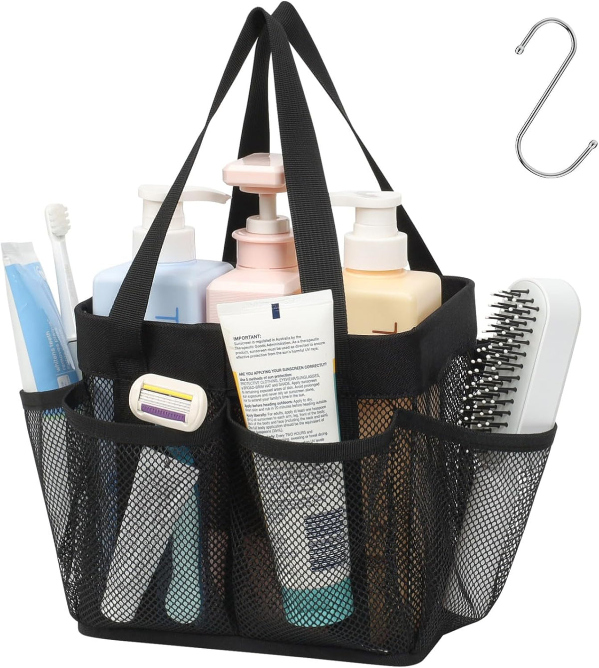 Mesh Shower Caddy Portable - 8 Pockets, S-Hook, Shower Bag for Dorm Camping