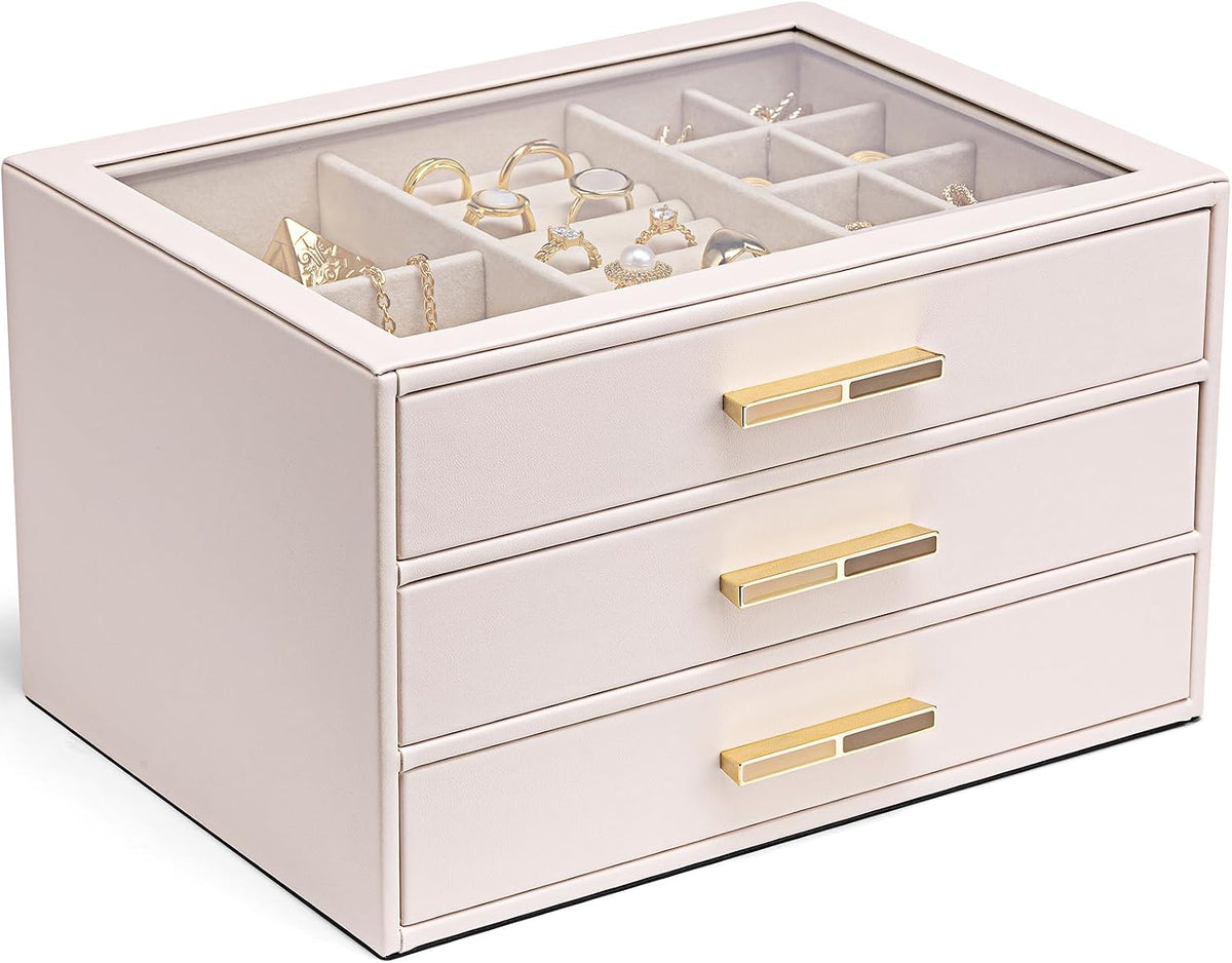 VLANDO Jewelry Box Organizer, 3-Layer Storage Drawers, Glass Window, Modern