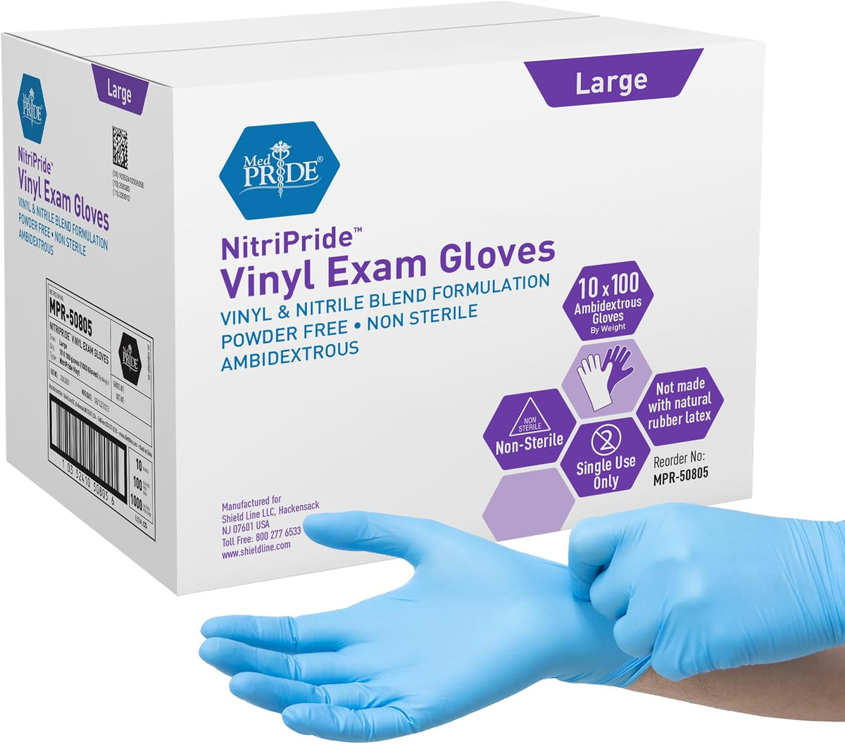 MED PRIDE Nitrile/Vinyl Blend Exam Gloves,Powder-Free,Blue,Large,100-Count