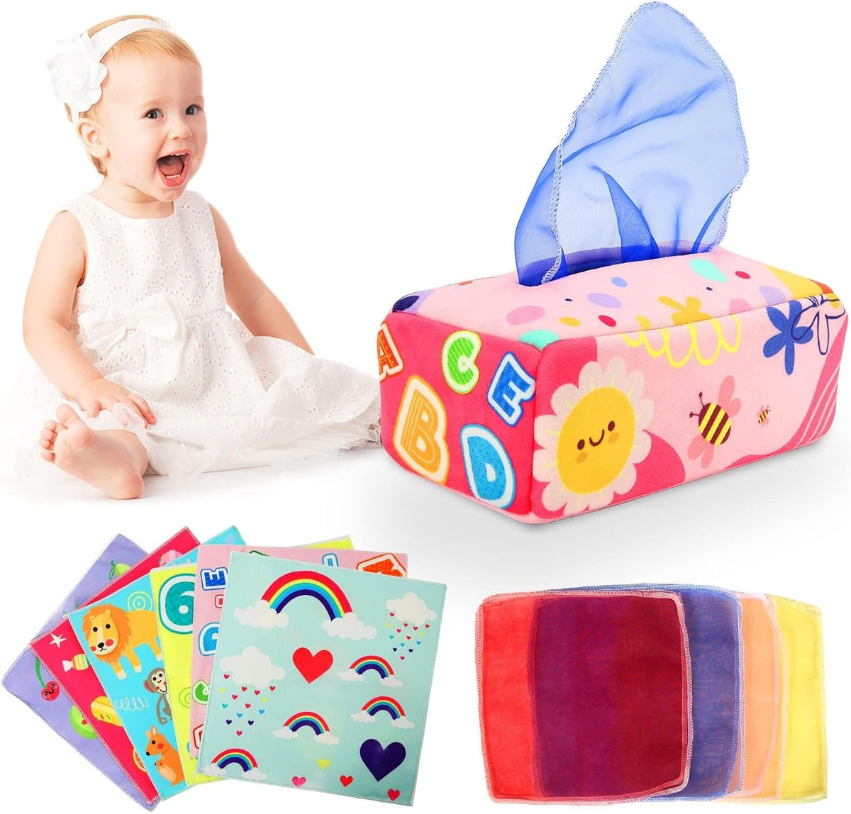 YOGINGO Baby Toys 6 to 12 Months - Tissue Box Toy Montessori for Babies 6-12 Months, Soft Stuffed High Contrast Crinkle Infant Sensory Toys, Boys&Girls Kids Early Learning Gifts