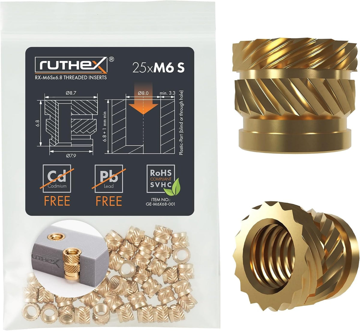 ruthex M3 Threaded Inserts - 100 Pieces RX-M3x5.7 Brass Heat Set Insert for Plastic Parts - Metric knurled Nuts - Insert by Heat into 3D Printing Components