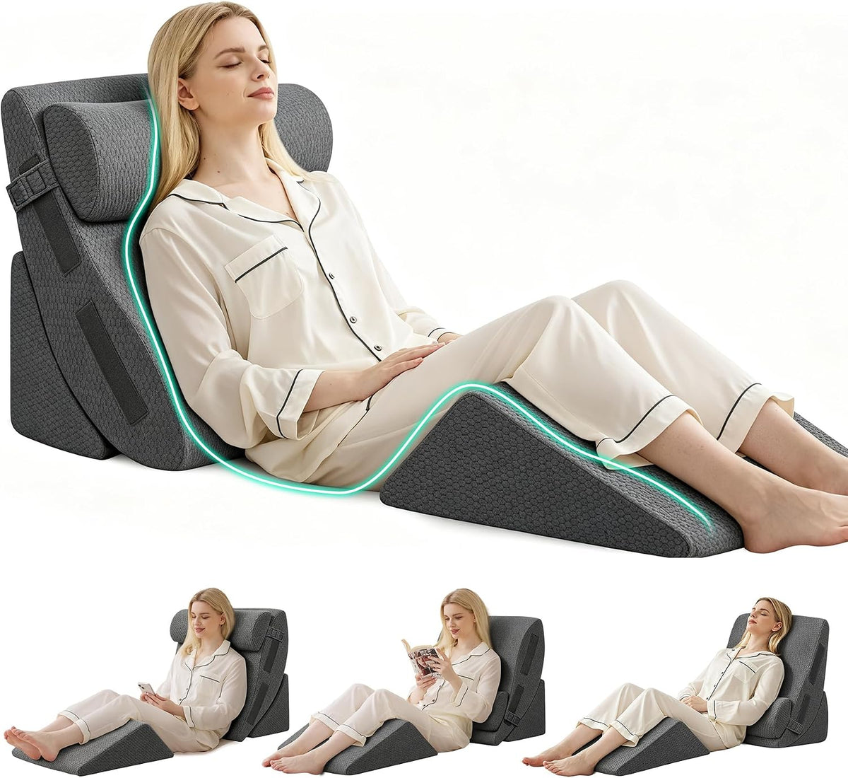 4PCS Wedge Pillow Set for After Surgery, White/Grey