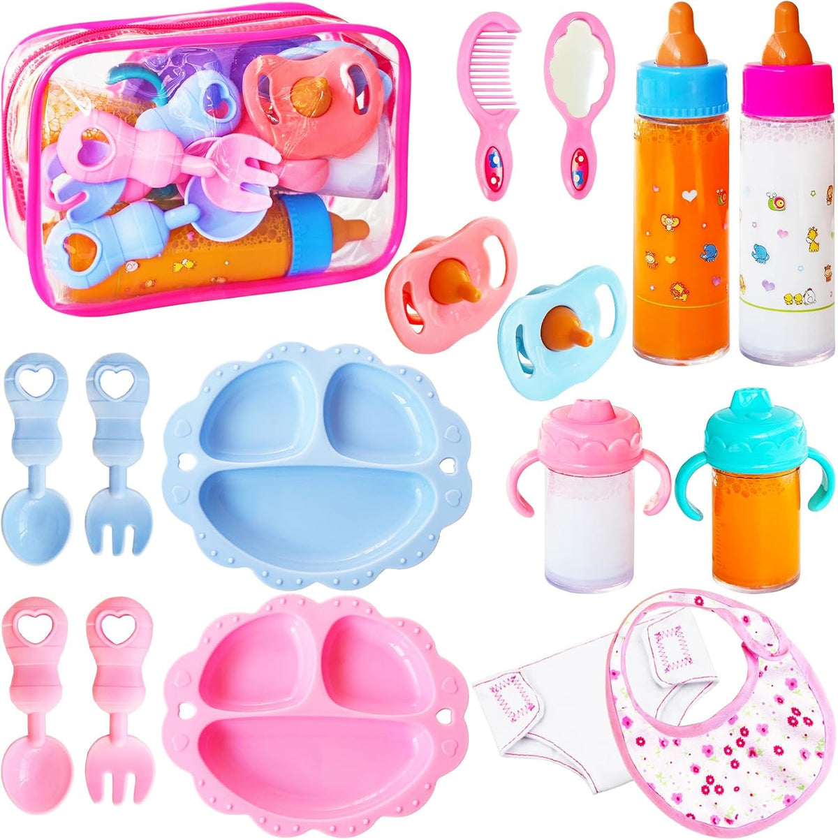 Woozettn 13 Pcs Baby Doll Accessories Magic Bottle Set,Pretend Play Feeding Toy Set with Package,Doll Feeding Set for Kids Girls,Magic Disappearing Juice Milk Bottles,Sippy Cups,Pacifiers,Bowl Spoons