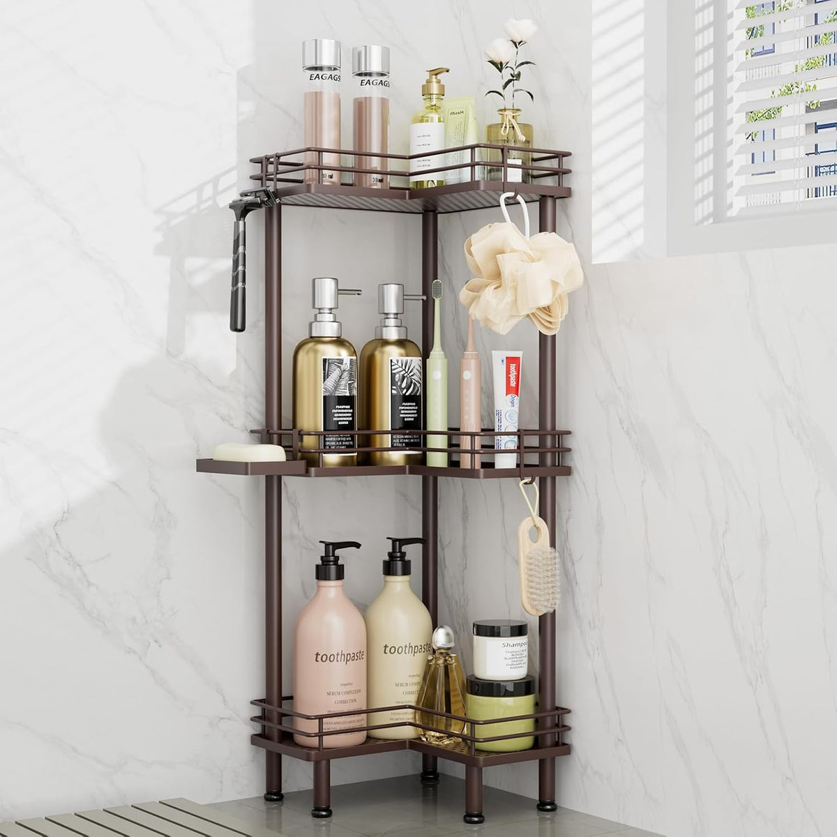 Consumest Corner Shower Caddy Standing - 3-Tier Stainless Steel Shower Organizer with Soap Holder and 4 Hooks, Large Capacity Corner Shelf Stand for Bathroom, Rest Room, Black