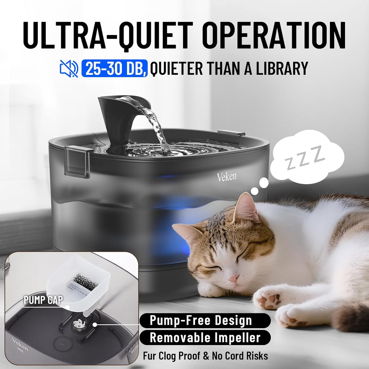 Veken 85oz/2.5L Cat Water Fountain with Detachable Tank & Secure Clips