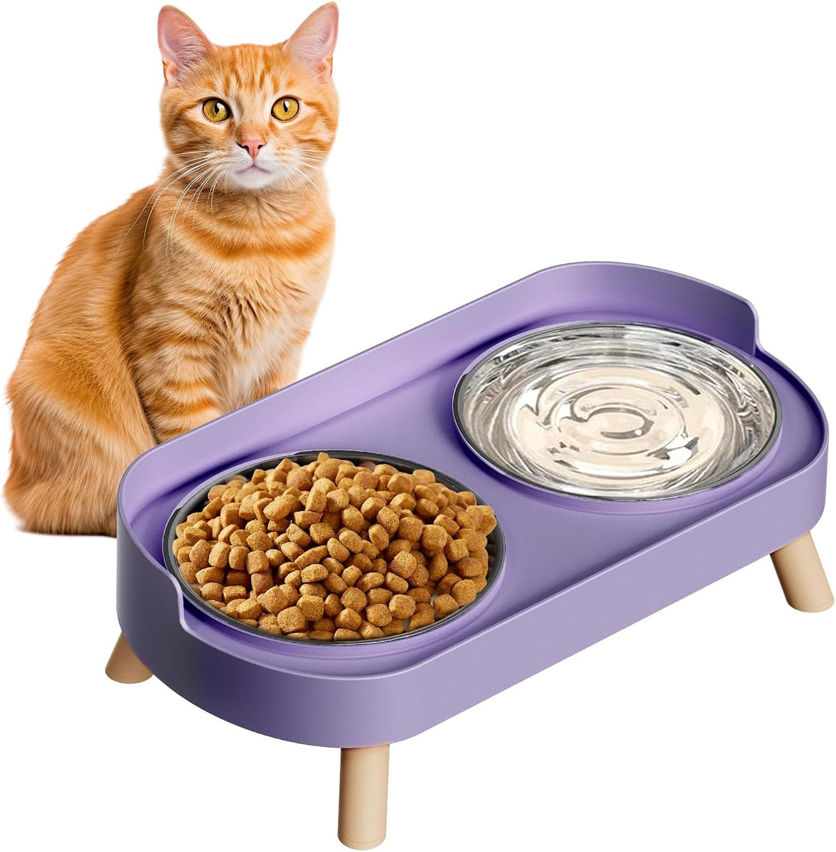 Elevated Cat Bowl, Raised Cat Food and Water Bowl Set for Indoor Cats, Splash Proof with 2 Stainless Steel Pet Food Bowls for Cats and Puppies, Whisker Fatigue and Dishwasher Safe - White