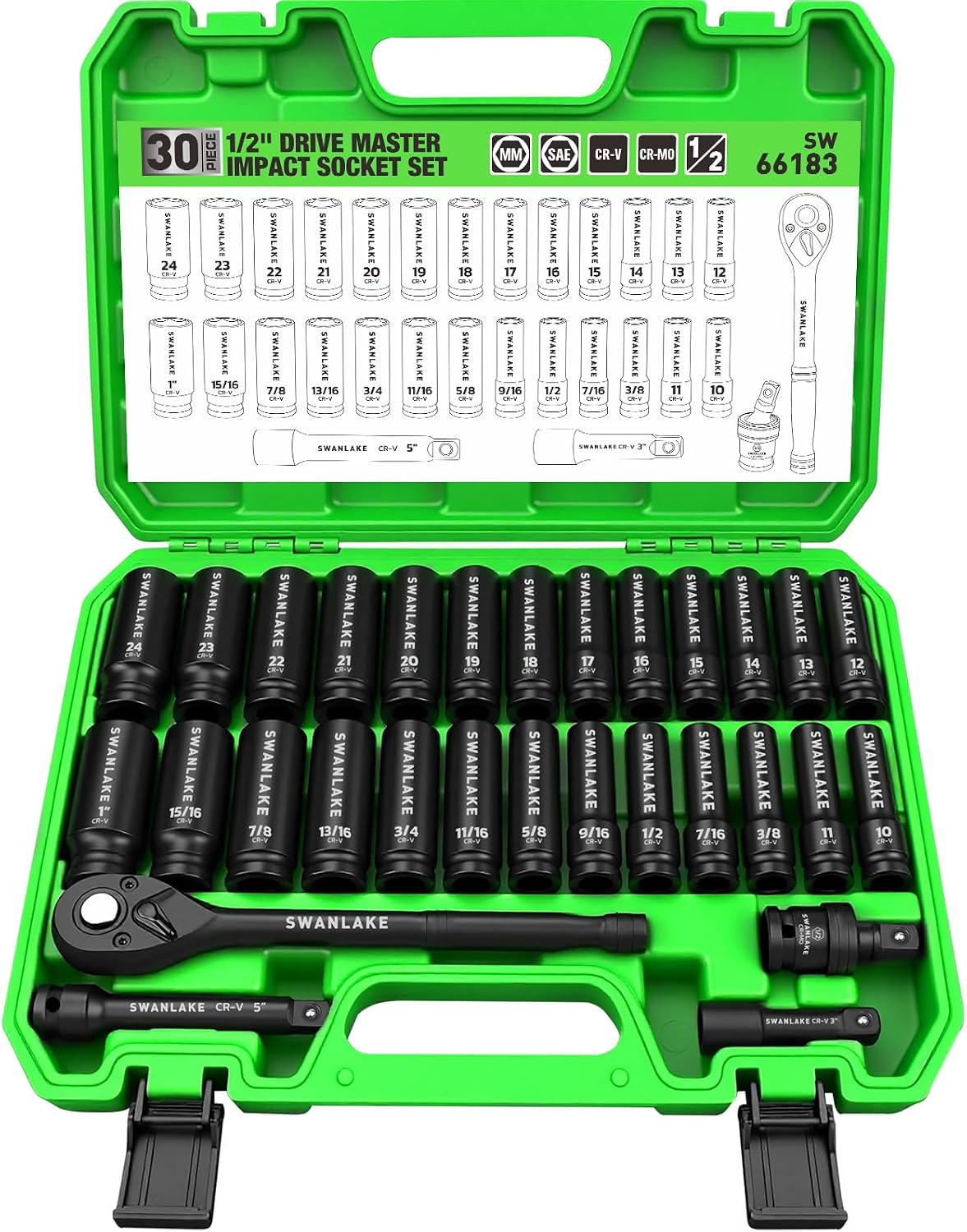 SWANLAKE 3/8'' Drive Impact Socket Set, 50-Piece Standard SAE (5/16 to 3/4 inch) and Metric (8-22mm) Size, 6 Point, Cr-V, 3/8-Inch Ratchet Handle, Extension Bar, Universal Joint