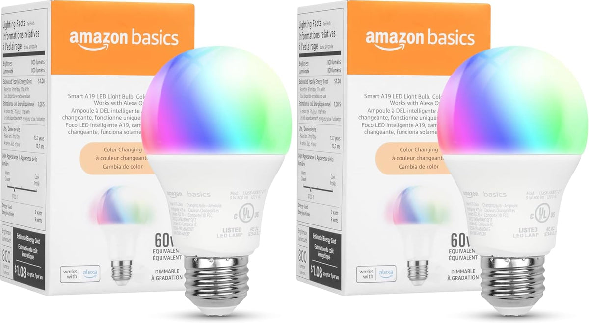 Amazon Basics Smart A19 LED Light Bulb, Color Changing, 9W (60W Equivalent), 800LM, Works with Alexa Only, WiFi 2.4 GHz, No Hub Required, Mood Lighting, Energy Efficient, 1-Pack