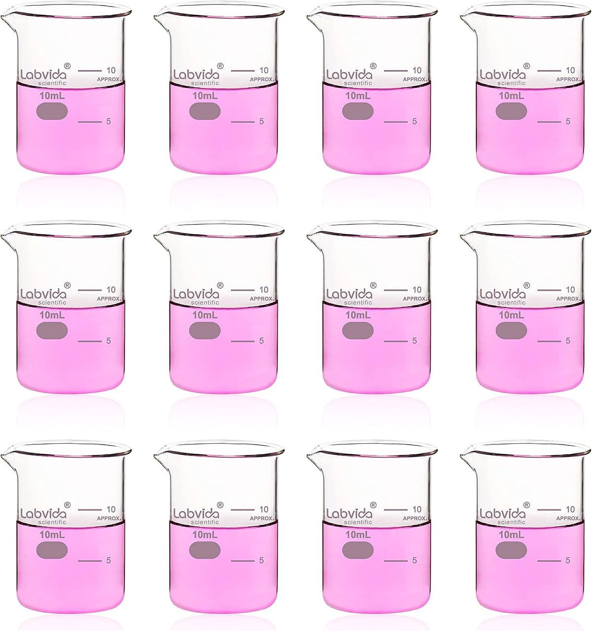 Upgrated 6 Size Low Form Glass Beaker Set, 25ml 50ml 100ml 250ml 500ml 1000ml, 3.3 Boro Glass beakers with Printed Graduation, LVA019