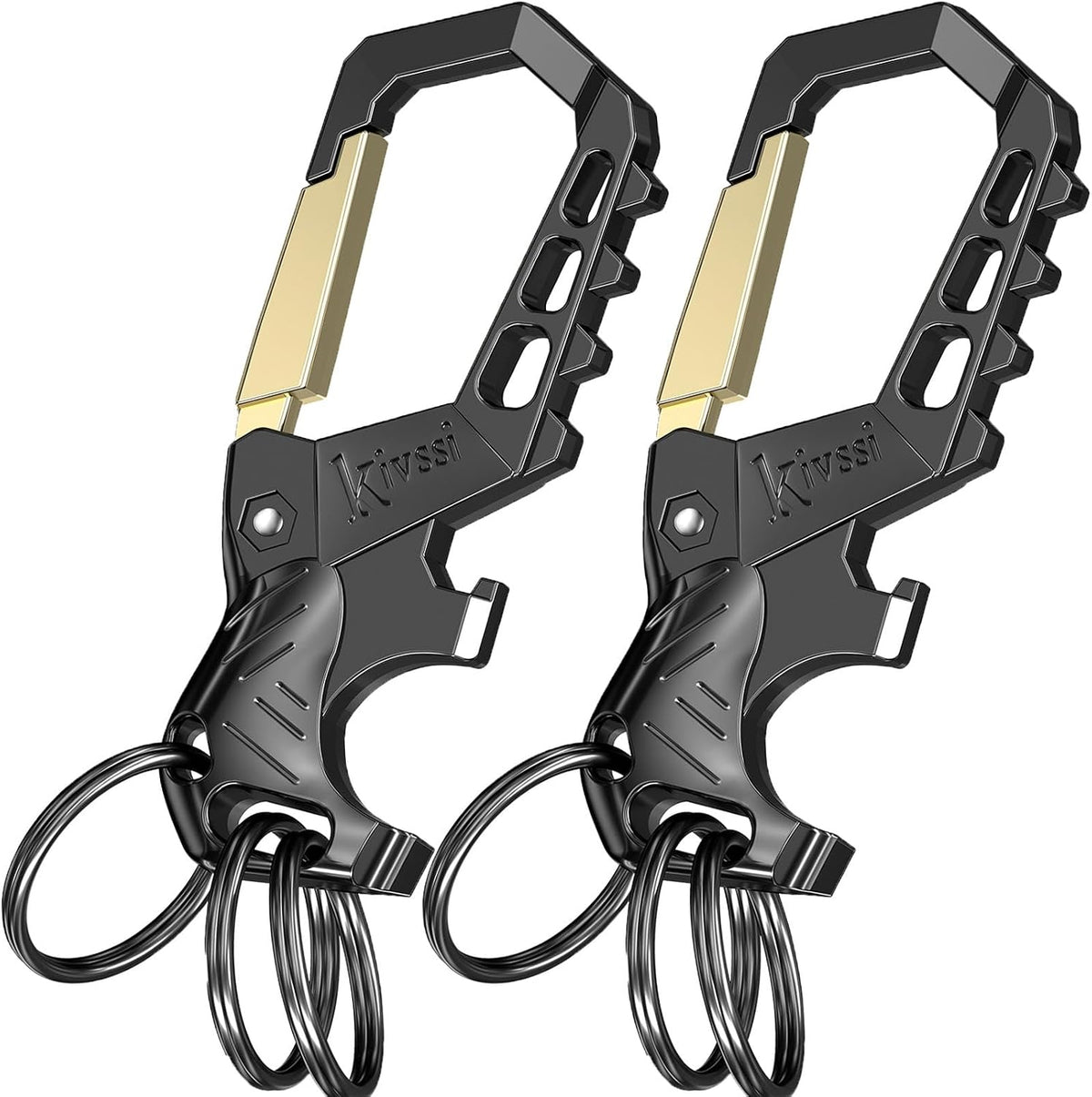 Kivssi Heavy duty metal keychains, Carabiner clip Car key chains,Fashion family keychain bottle opener and 3 Key Rings suitable for men and women.（Black-1pcs）