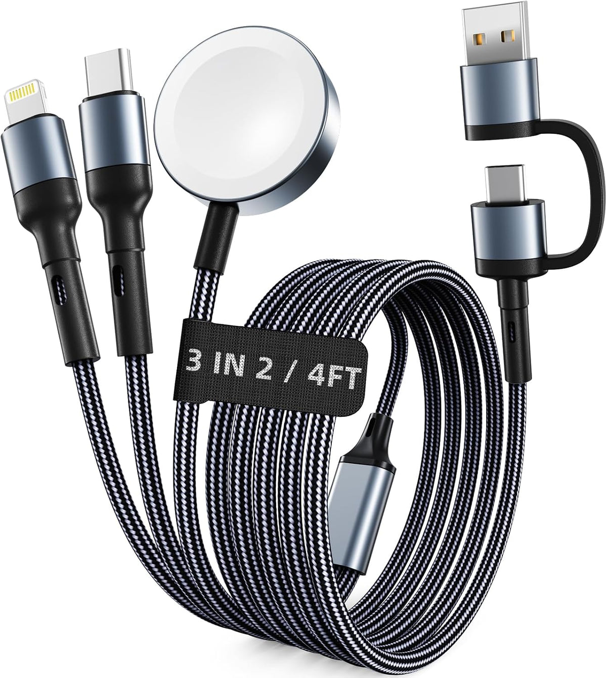 Travel Essentials,3 in 2 USB C Cable for Apple Watch Charger,iPhone Charger,Multi Charging Cable,Cruise Vacation Camping Essentials for iWatch Series 11-2/Ultra,iPhone 17-12,Car Accessories,Grey-6FT
