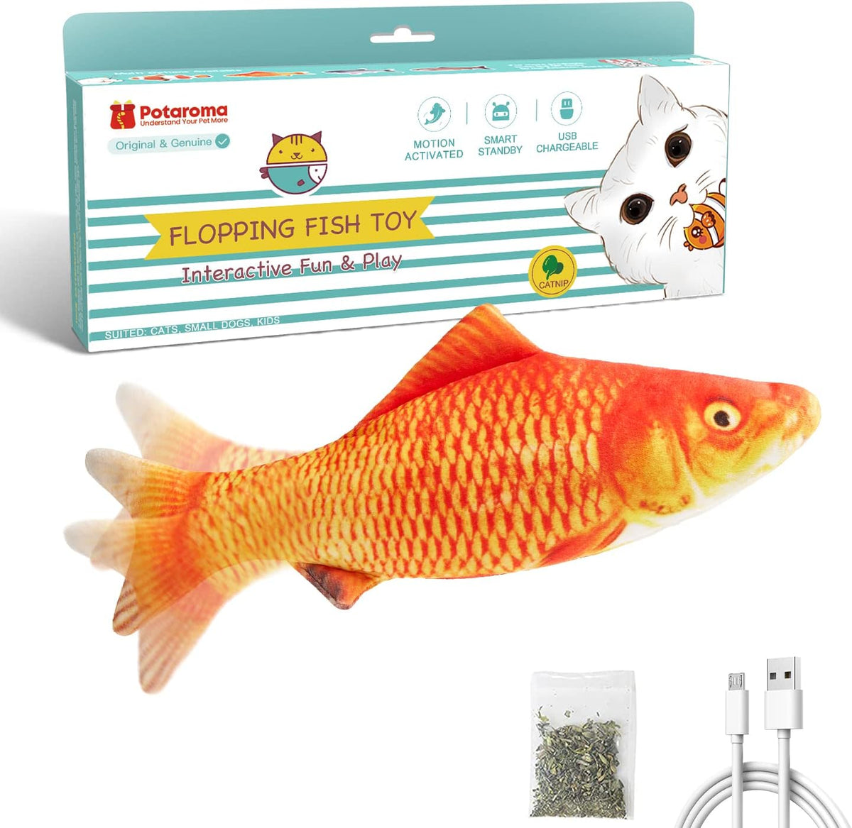 Potaroma Cat Toys Flopping Fish with Catnip, Moving Kitten Kicker, Floppy Wiggle Carp for Small Dogs, Interactive Motion Kitty Exercise, 10.5 Inches
