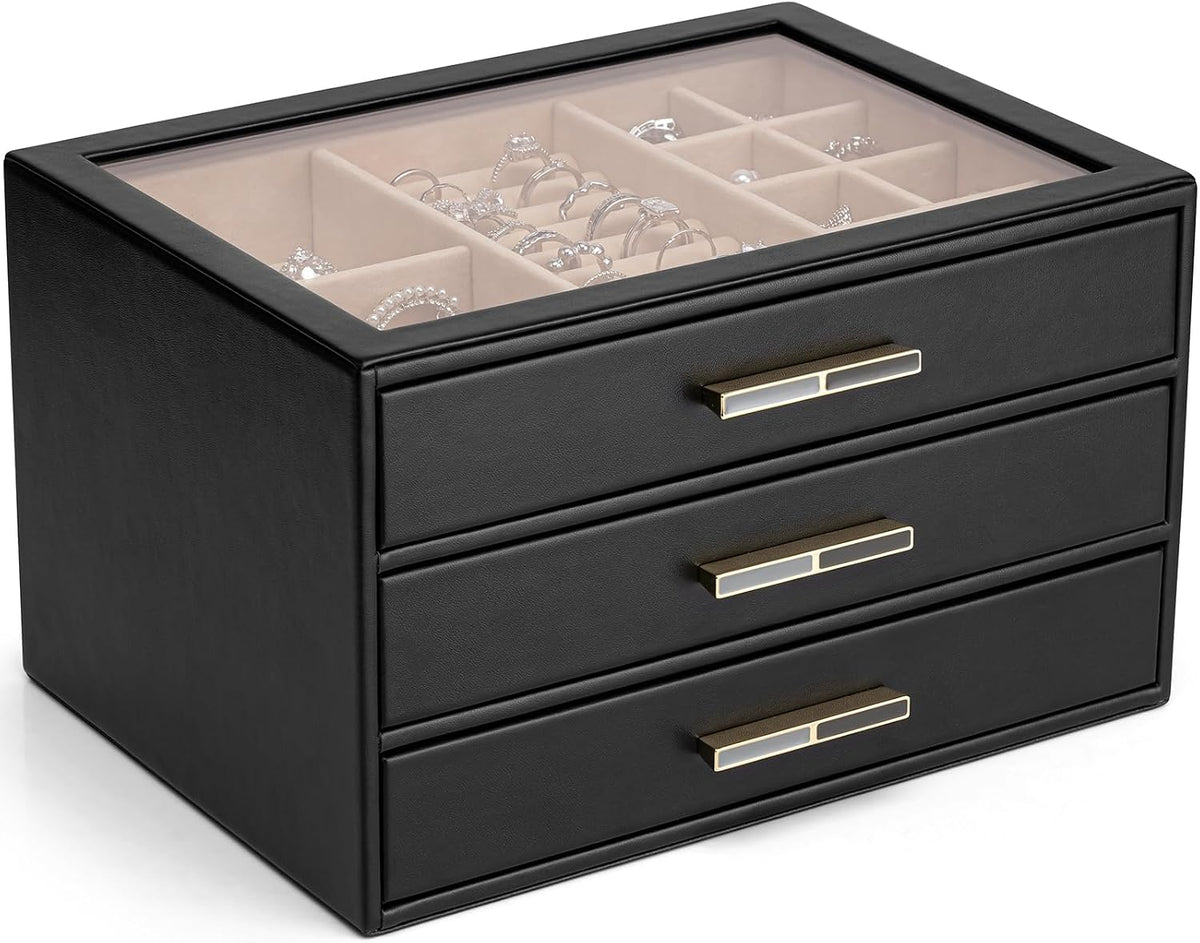 VLANDO Jewelry Box Organizer, 3-Layer Storage Drawers, Glass Window, Modern