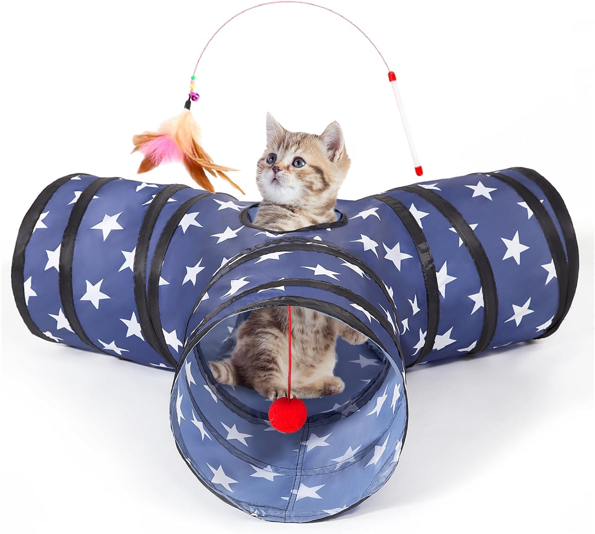 Tempcore Cat Tunnel, 3-Way Collapsible Toy for Indoor Cats, Black & Blue