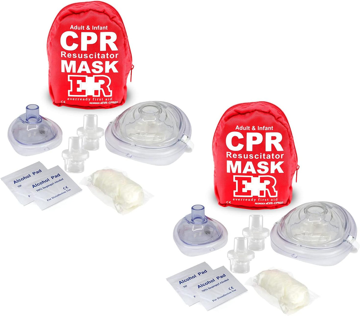 Adult and Infant CPR Mask Combo Kit – Includes 2 CPR Masks with One-Way Valves, Pair of Vinyl Gloves, 2 Alcohol Prep Pads – Portable Emergency CPR Kit – Red