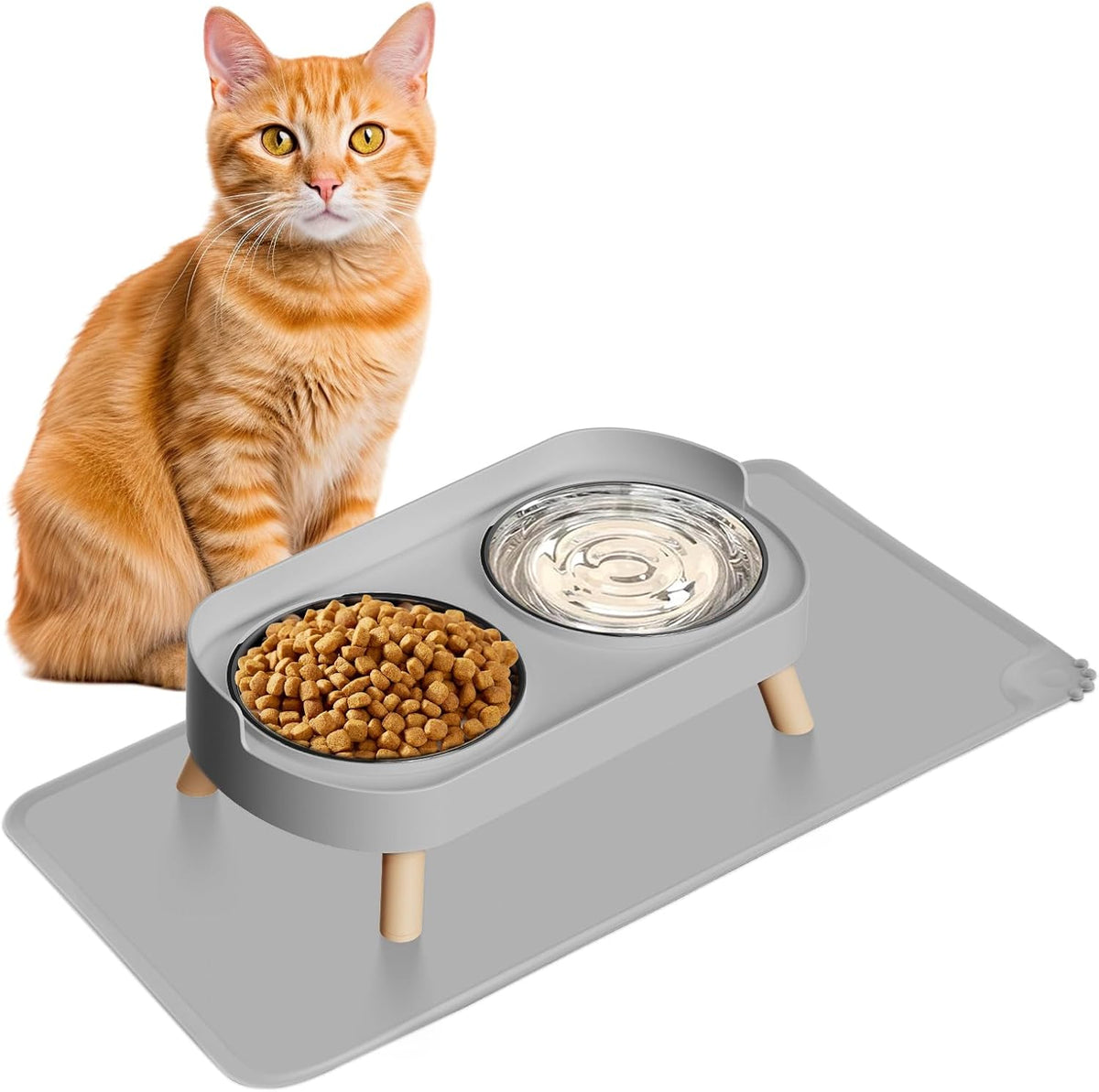 Elevated Cat Bowl, Raised Cat Food and Water Bowl Set for Indoor Cats, Splash Proof with 2 Stainless Steel Pet Food Bowls for Cats and Puppies, Whisker Fatigue and Dishwasher Safe - White
