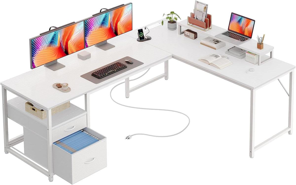 PRAISUN 63 Inch L Shaped Desk with Power Outlets and USB-C Port, Computer Corner Home Office Desk with File Fabric Drawers and Movable Monitor Stand, Larger Storage, Gaming, Writing, Rustic Brown