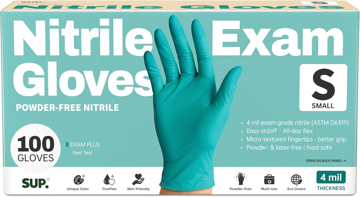SUP Powder-Free Nitrile Exam Gloves, 100 Count Food Safe Latex-Free Disposable Gloves for Medical Lab Cooking Cleaning, Teal