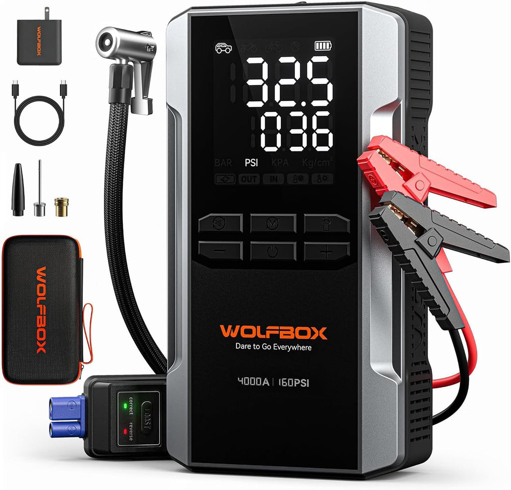 WOLFBOX MV24A 4000A Jump Starter with 160PSI Air Compressor, 12V Car Battery Booster, 88.8Wh Portable Jump Box (10L Gas/10L Diesel) with 65W Fast Charging, Tire Inflator, Jumper Cables, LED Light