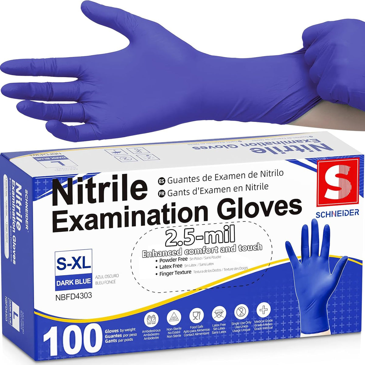 Schneider Medical Nitrile Exam Gloves, Powder & Latex Free, Darkblue