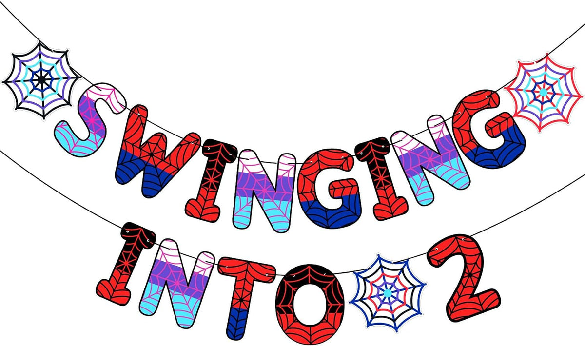 TaoBary Spider Theme 4th Birthday Banner Swinging into 4,Red and Blue