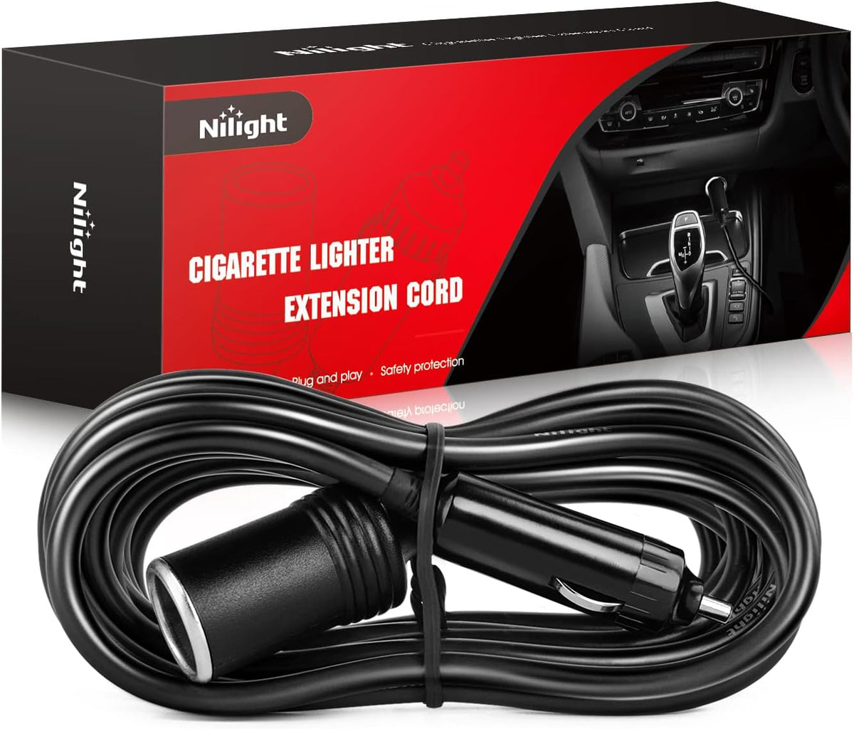 Nilight 10003W 14 Ft Male-to-Female Extension Cord Cable Heavy Duty 12V/24V Car Charger with Cigarette Lighter Socket,2 Years Warranty, red