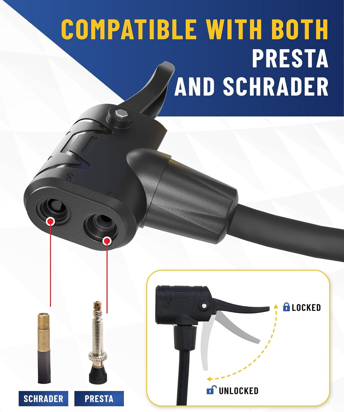 Presta Valve Air Chuck – Digital Bike Tire Inflator with Pressure Gauge – Schrader to Presta Valve Adapter for Air Compressor