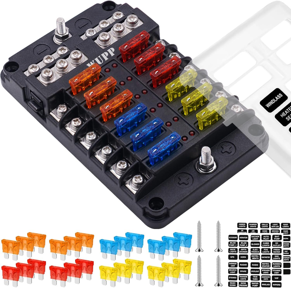 WUPP 12 Volt Fuse Block, Waterproof Boat Fuse Panel with LED Warning Indicator Damp-Proof Cover, 6 Circuits with Negative Bus Fuse Box for Car Marine RV Truck DC 12-24V