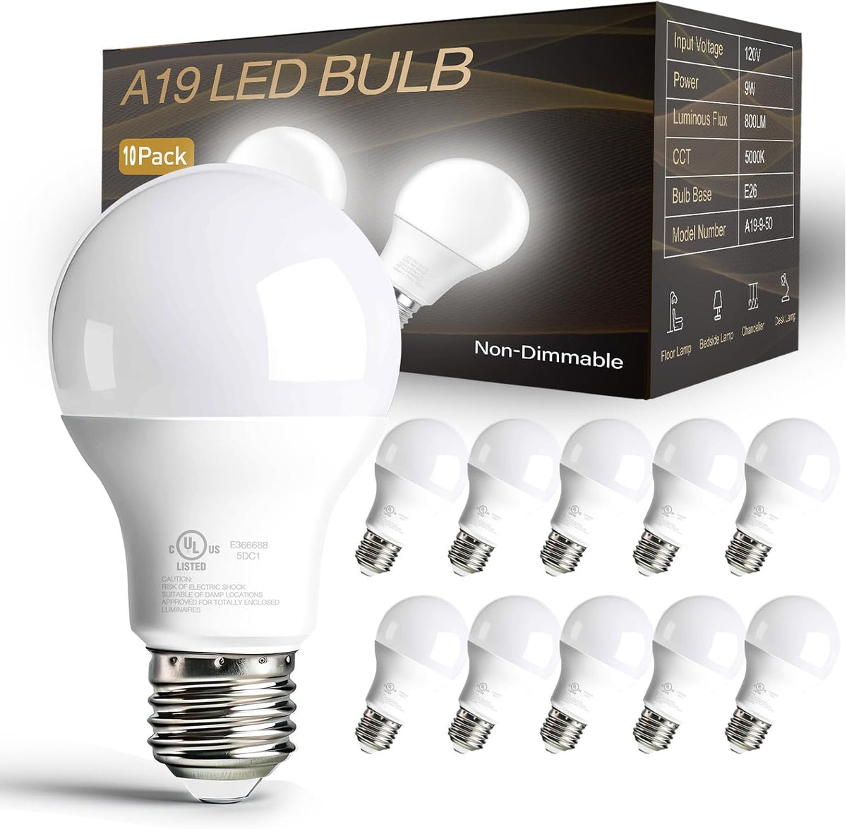 dalattin 24 Pack LED Bulbs Daylight White 5000K, 60 Watt Equivalent A19 Standard Bulbs, E26 Base, 800 LM, Efficient 9W Energy Saving, Non-Dimmable, 80+ CRI, 120V, UL Listed, for Living Room, Office