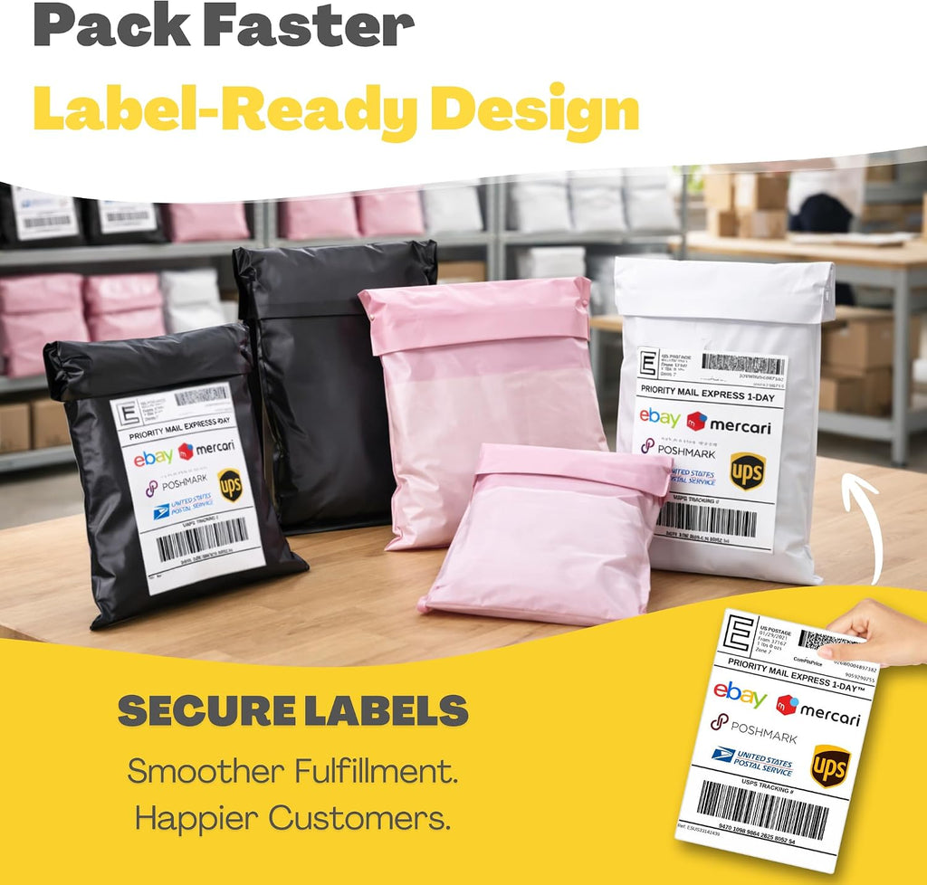 Shipping Bags (30 Pack) with Label Pouch - 8x12, 10x14 & 12x16 - Poly Mailers for Clothes, Self-Seal Plastic Mailing Envelopes - Tear & Water-Resistant Packaging Bags for Clothing, Not Padded