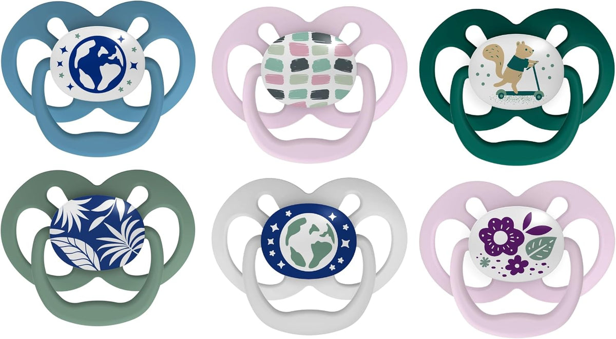 Dr. Brown's Advantage Glow-in-the-Dark Baby Pacifier, Fully Symmetrical Soother with Soft Silicone Bulb, Skateboard Snail-Blue Nature, 6-18m, BPA Free, 4 Pack