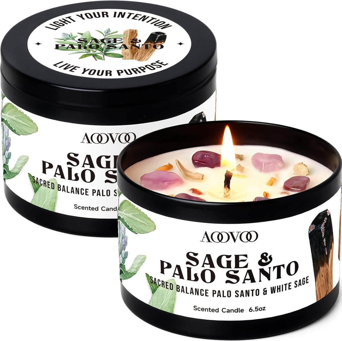 AOOVOO Sage Candle for Cleansing - 3 Wick 12oz Large Scented Candle with Crystals & Sage Leaves Inside, Soy Candles Non Toxic for Meditation Spiritual Gift, Aromatherapy Candle for Women Men