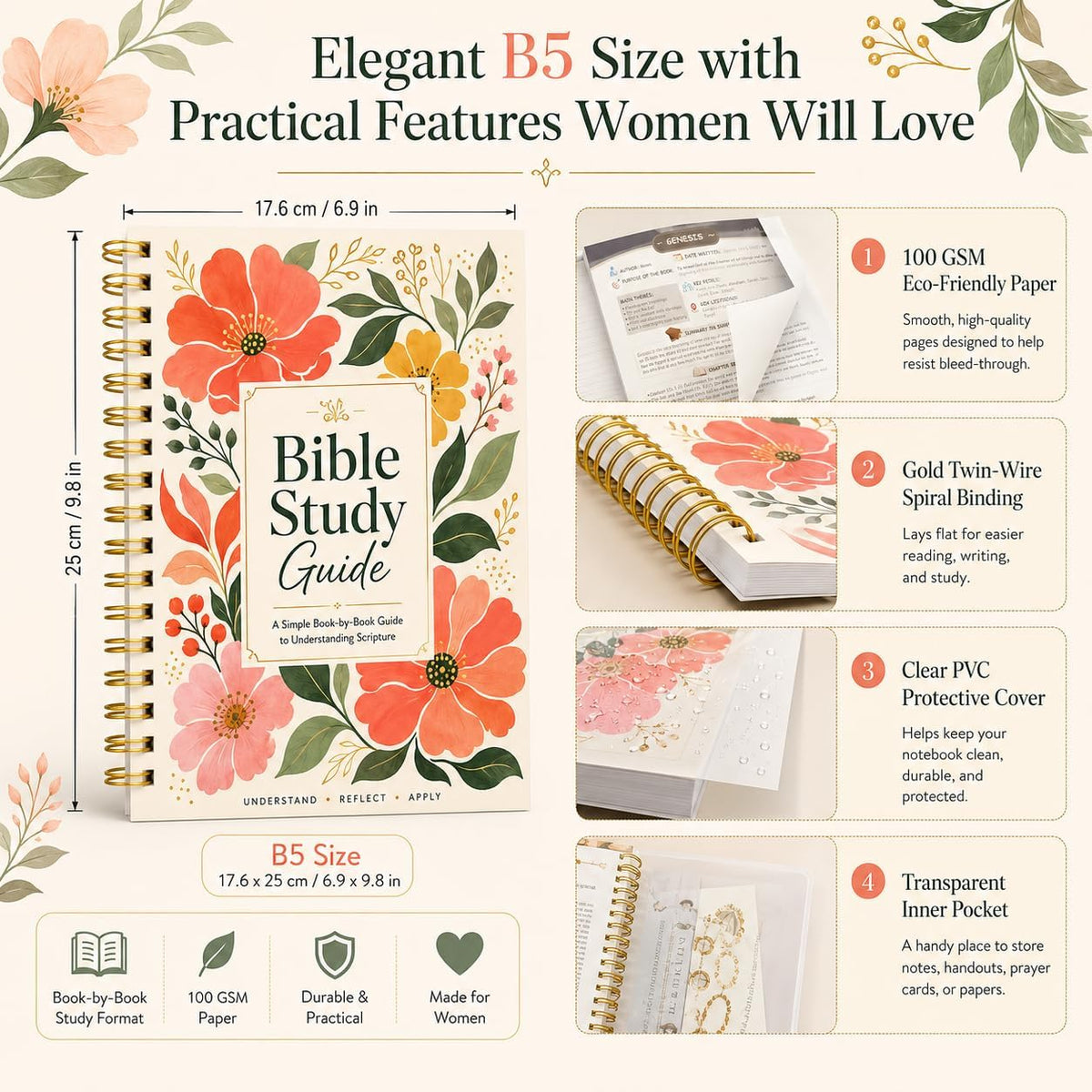 Bible Study Guide for Women, Book-by-Book Overview of All 66 Books, B5 Size Spiral-Bound with Pocket Scripture Companion for Personal Devotions, Group Study, Reflection, Notes and Faith Growth