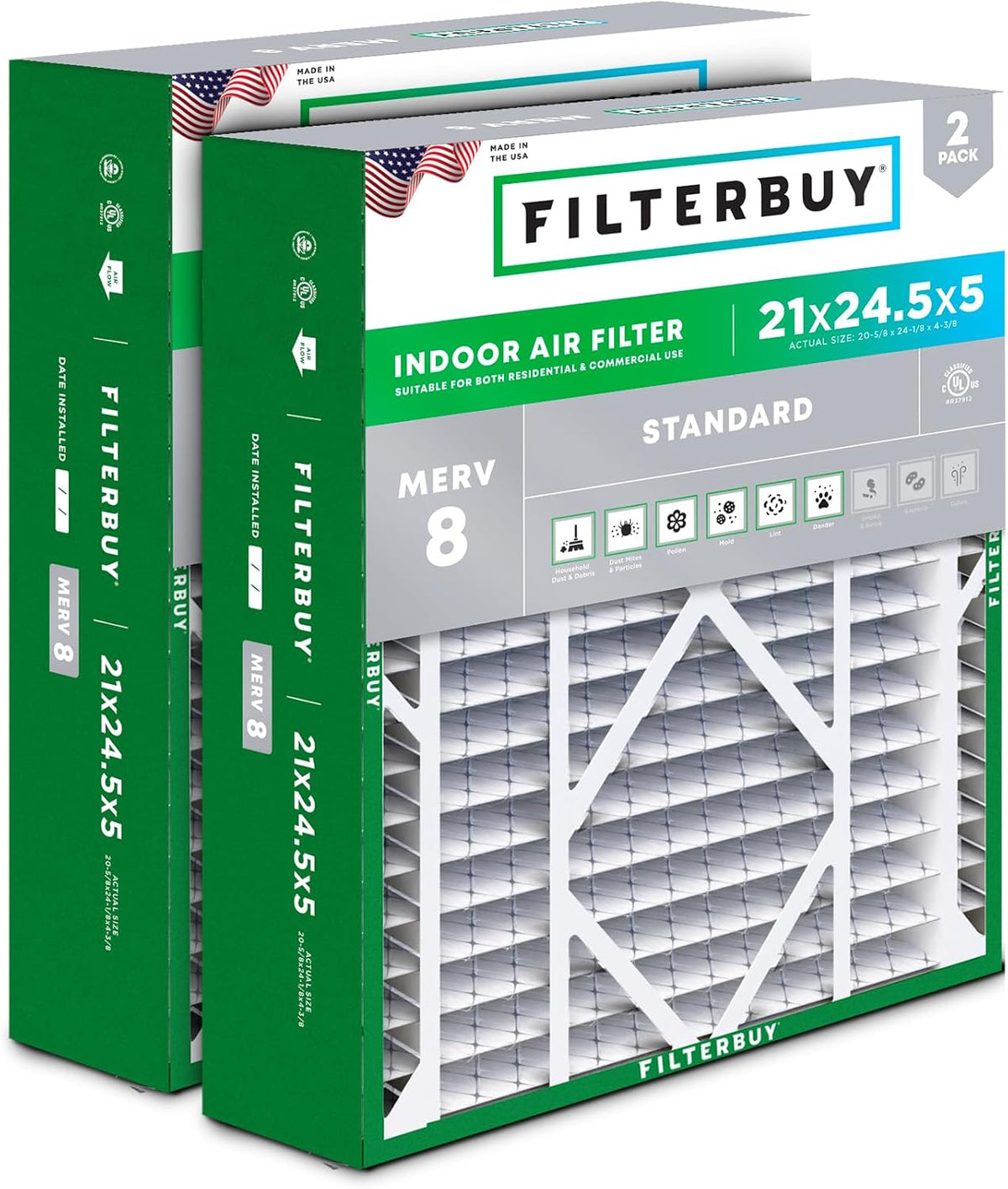 Filterbuy 20x25x5 Air Filter MERV 8 Dust & Allergy Defense (2-Pack)